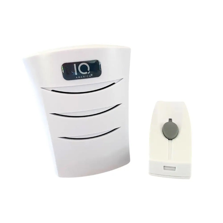 White iq america battery powered wireless chime with sleek curved base and button transmitter wireless portable door bell kit