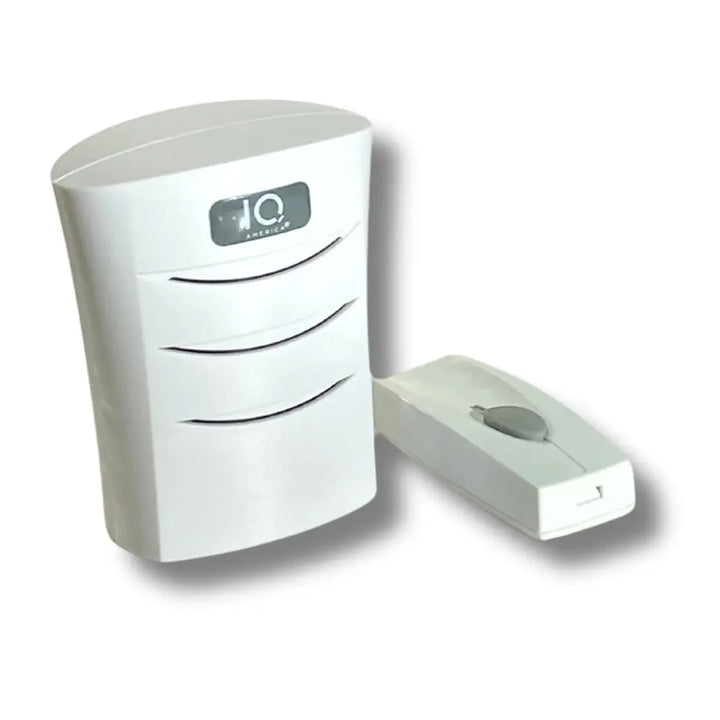 White iq america wireless portable door bell with sleek modern design and gray button features battery powered wireless chime