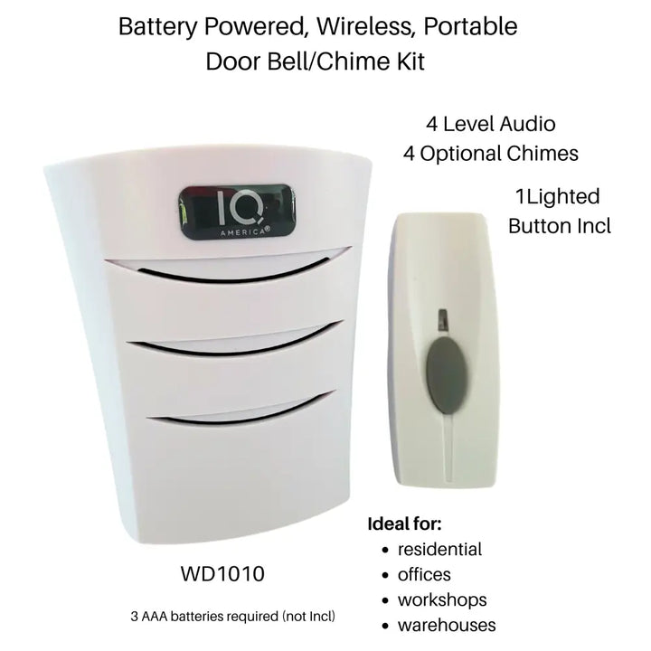 White iq america wd1010 battery powered wireless chime with sleek curved design and three horizontal slits for portable door bell use