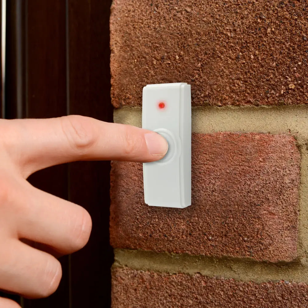 White rectangular battery-powered doorbell button with red indicator light for IQ America wireless doorbells visual alert