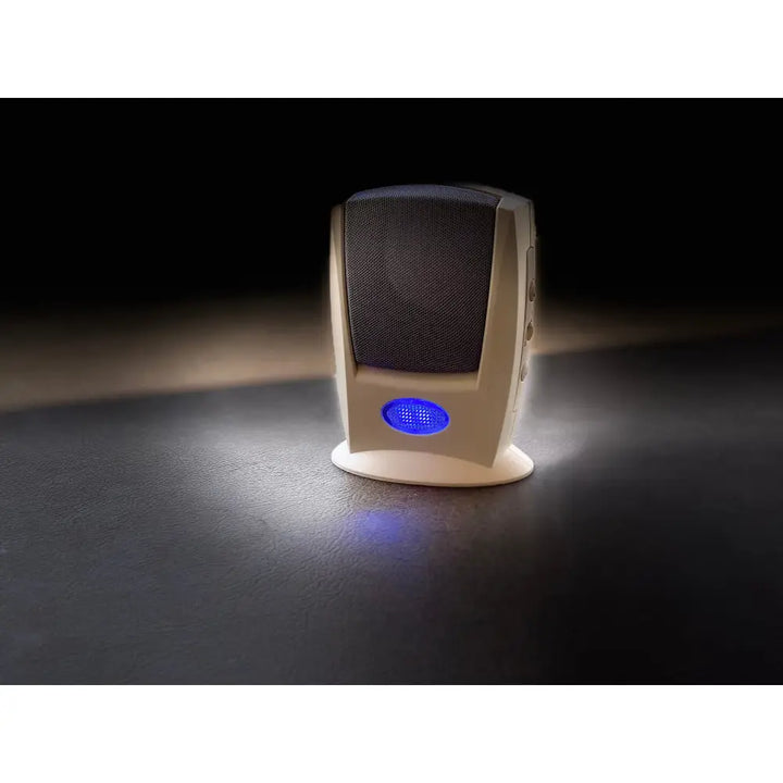 Cream-colored iq america wireless doorbell speaker with dark gray grille and blue led visual alert for entry notification products