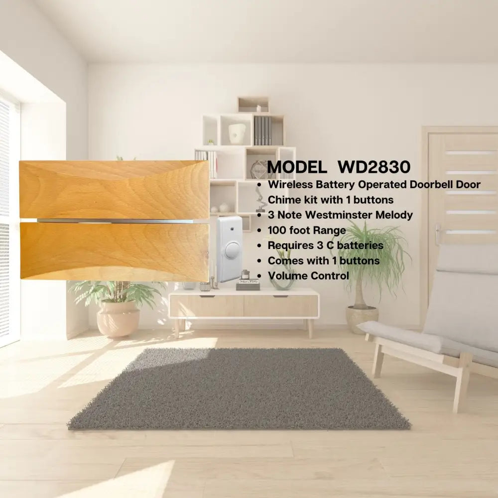 IQ America Wireless Battery-Powred Maple Wood Door Bell Chime 1 Pushbutton 3 Melody Notes Westminster Chime Volume