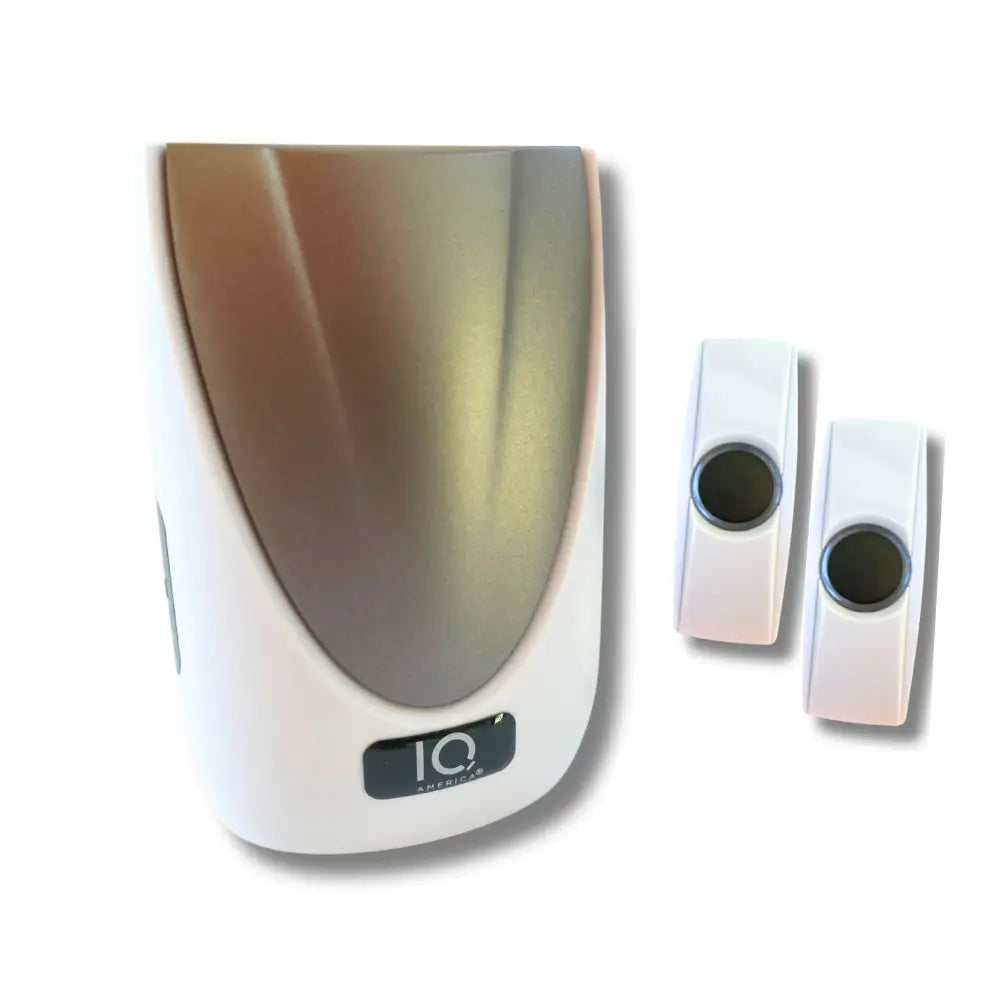 Iq america wireless doorbell chime kit with white and brushed gold doorbell and two white wireless portable chime units