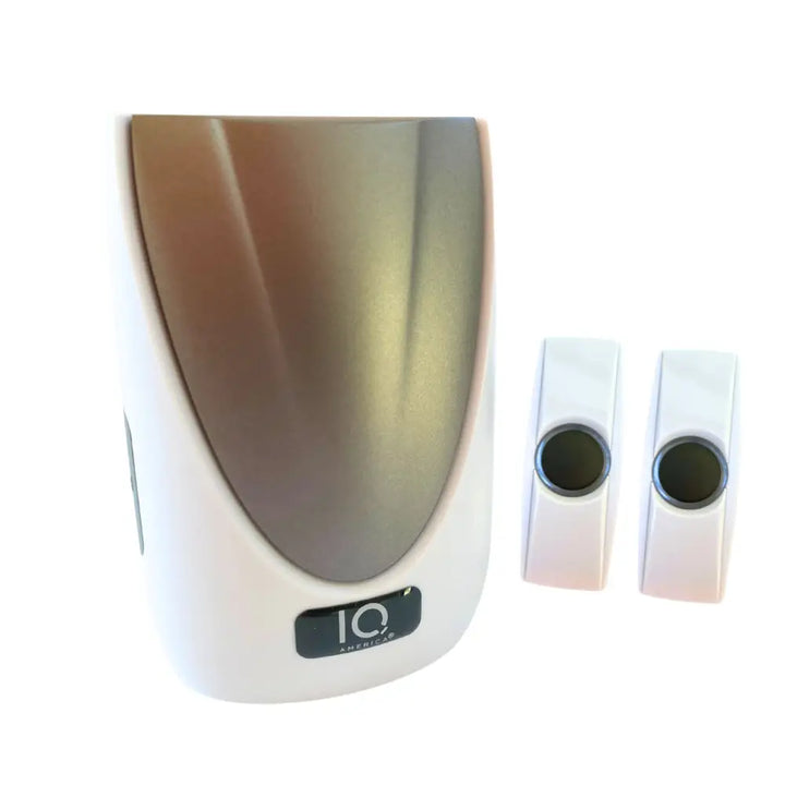 White and brushed gold iq america wireless portable doorbell chime kit with two matching white sensors and bell chime tones