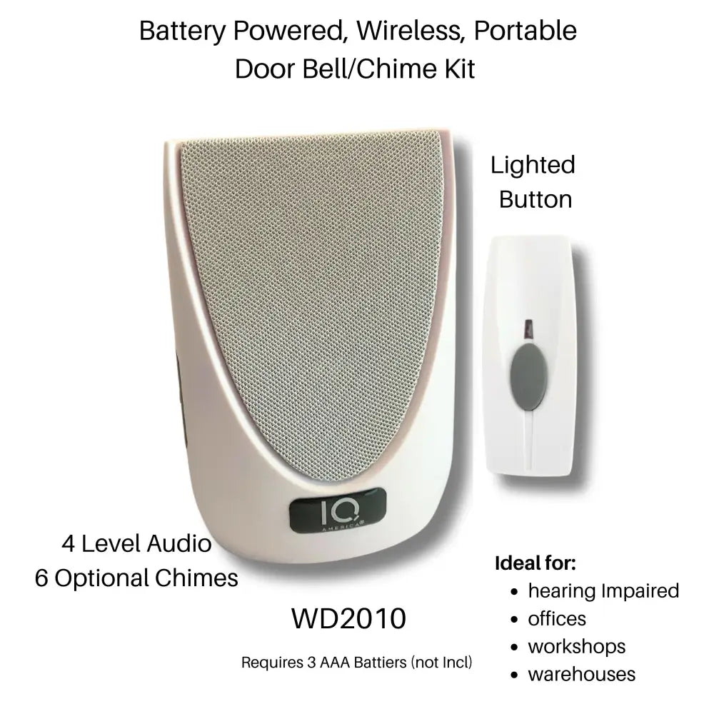 White iq america wireless portable door bell with textured grille and lighted button battery powered wireless chime