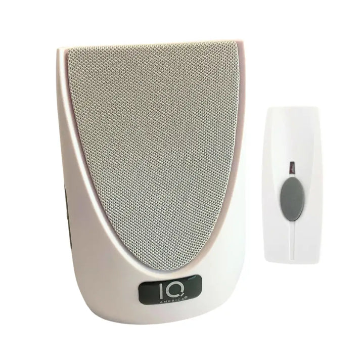White iq america wireless portable door bell with textured gray speaker grille and matching battery powered wireless chime remote