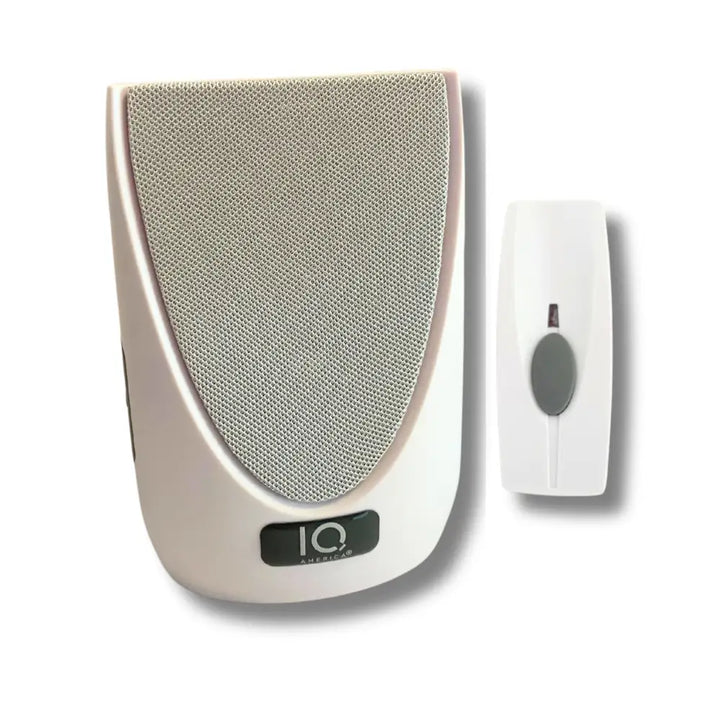 White iq america wireless portable door bell with mesh speaker and sleek remote button battery powered wireless chime