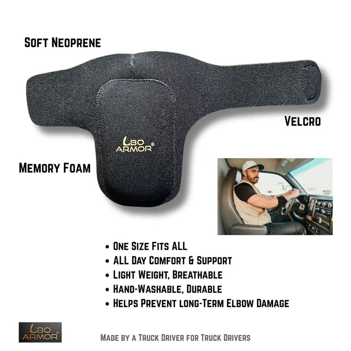 LBO Armor Elbow Pad: black neoprene support with memory foam and Velcro