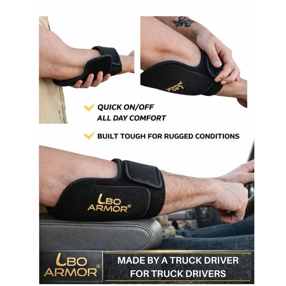 LBO Armor elbow pad in black with gold lettering for truck drivers