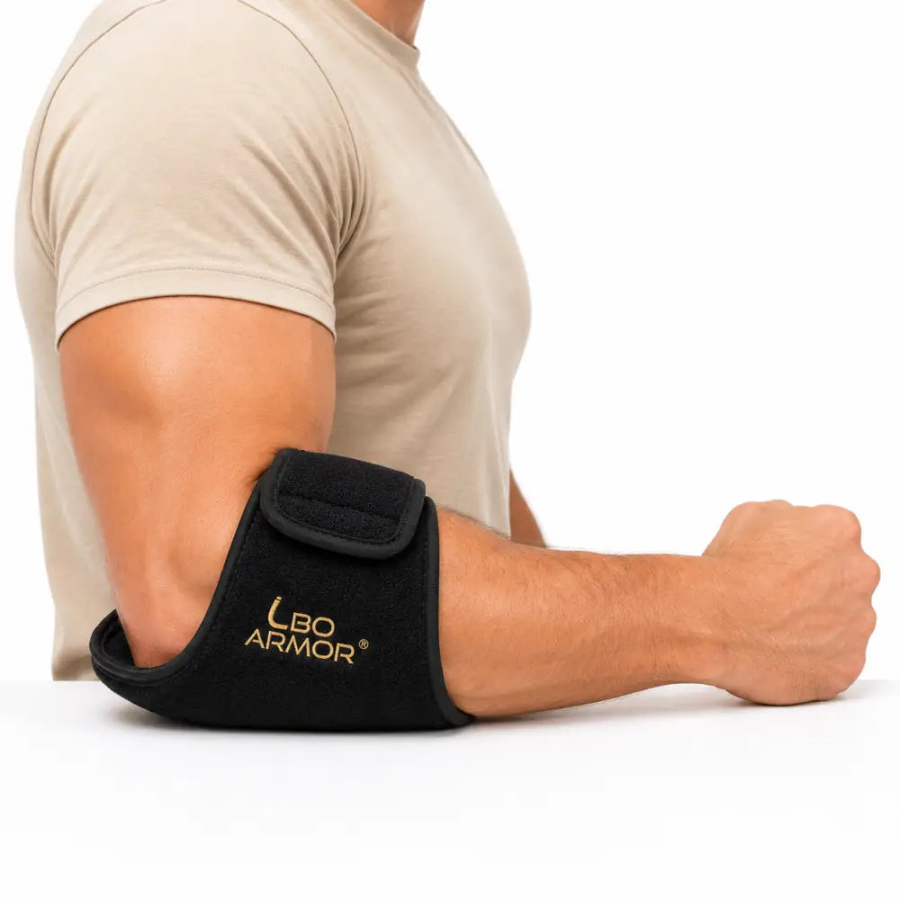 Black lbo armor truck driver elbow pad with velcro strap and gold branding for armrest joint pain relief