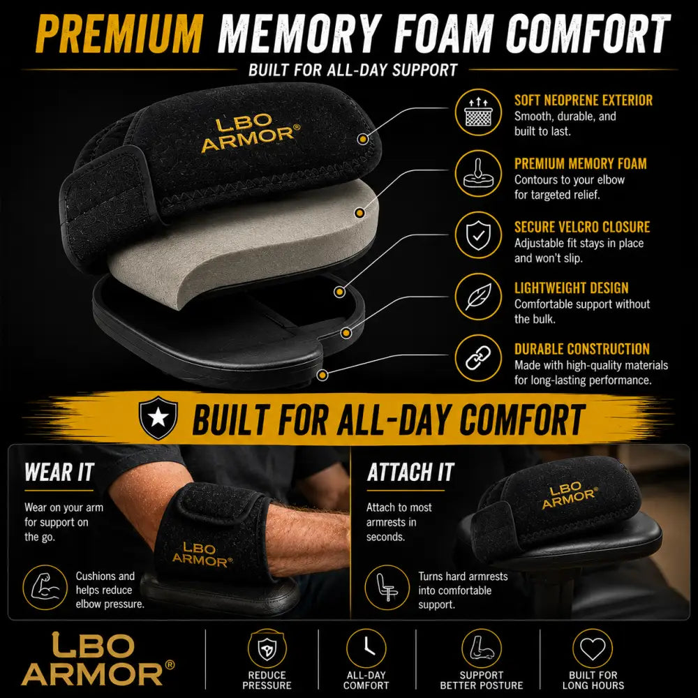 Black lbo armor truck driver elbow pad with soft neoprene exterior and memory foam interior for armrest joint pain relief