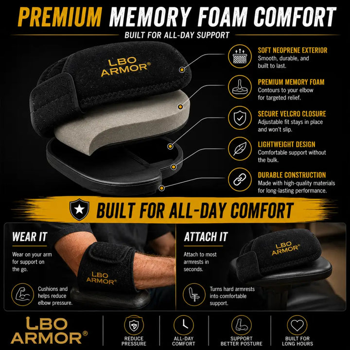 Black lbo armor truck driver elbow pad with soft neoprene exterior and memory foam interior for armrest joint pain relief