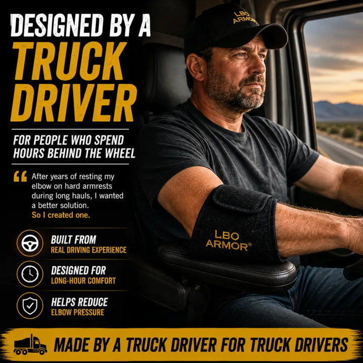 Black lbo armor truck driver elbow pad with padded adjustable design for armrest joint pain relief and vehicle door panel cushion