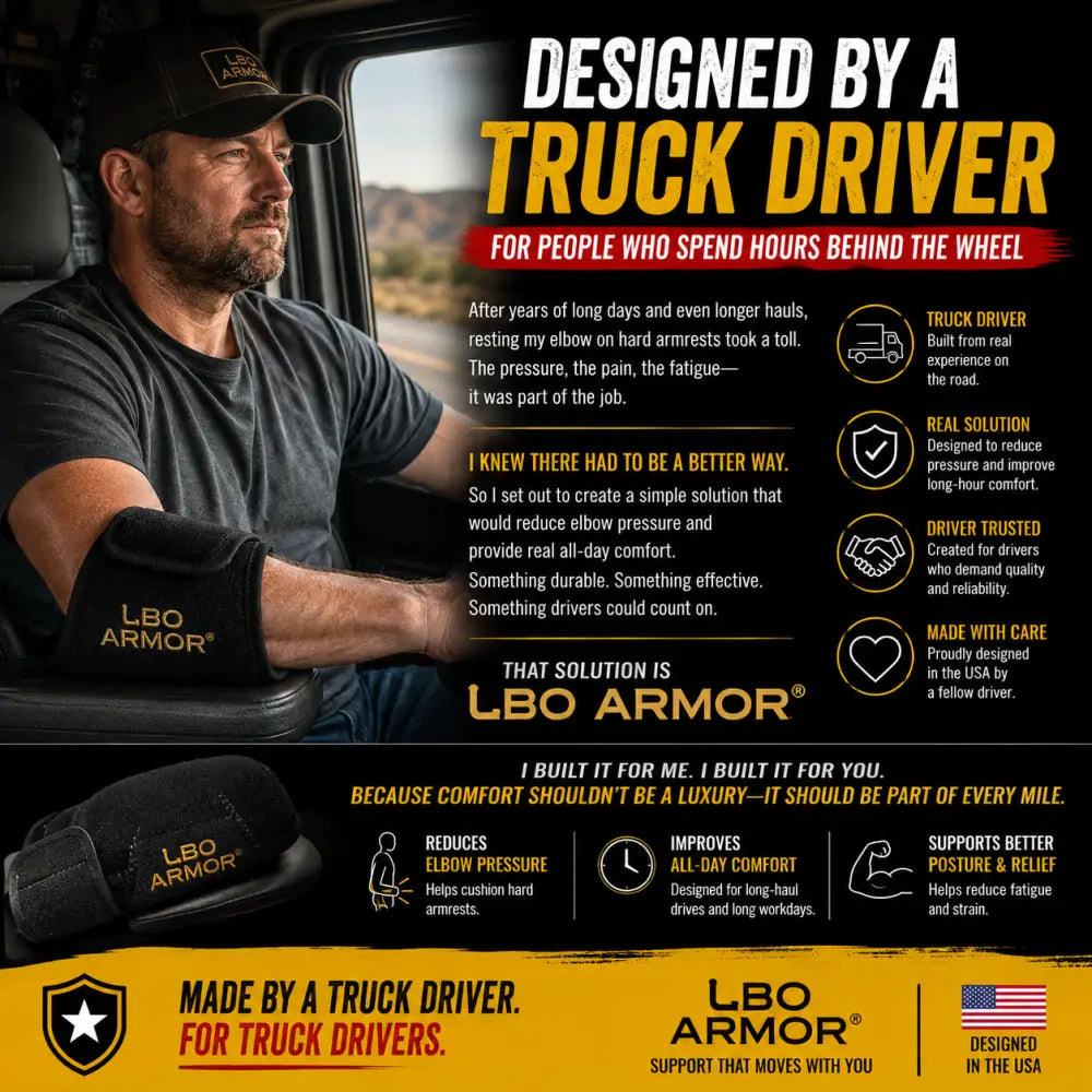 Black lbo armor truck driver elbow pad with padded adjustable design for armrest joint pain relief and vehicle door panel cushion