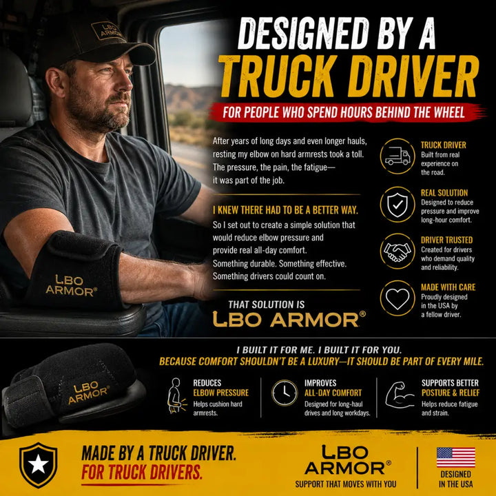 Black lbo armor truck driver elbow pad with padded adjustable design for armrest joint pain relief and vehicle door panel cushion