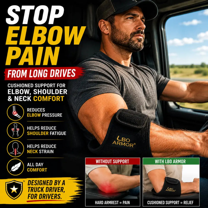 Black lbo armor truck driver elbow pad with cushioned padding for armrest joint pain relief and vehicle door panel cushion