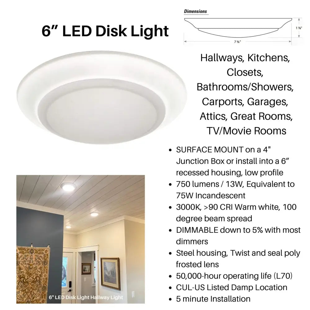 White 6-inch led flush mount ceiling disk light with steel housing and frosted lens for hallways or kitchens surface mounting