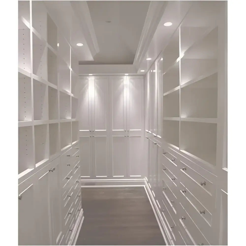 Led flush mount ceiling disk light 750 lumens white installed in a white paneled closet with built-in drawers and shelves