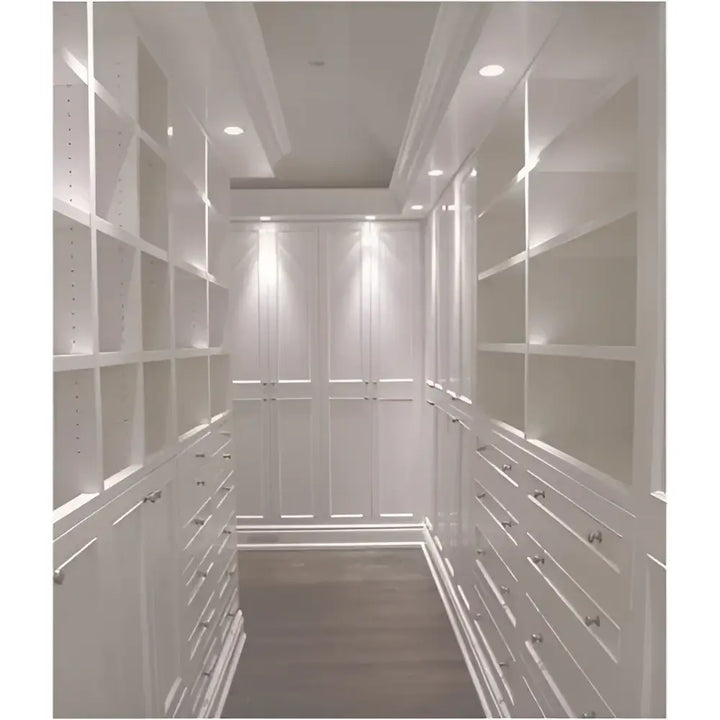 Led flush mount ceiling disk light 750 lumens white installed in a white paneled closet with built-in drawers and shelves