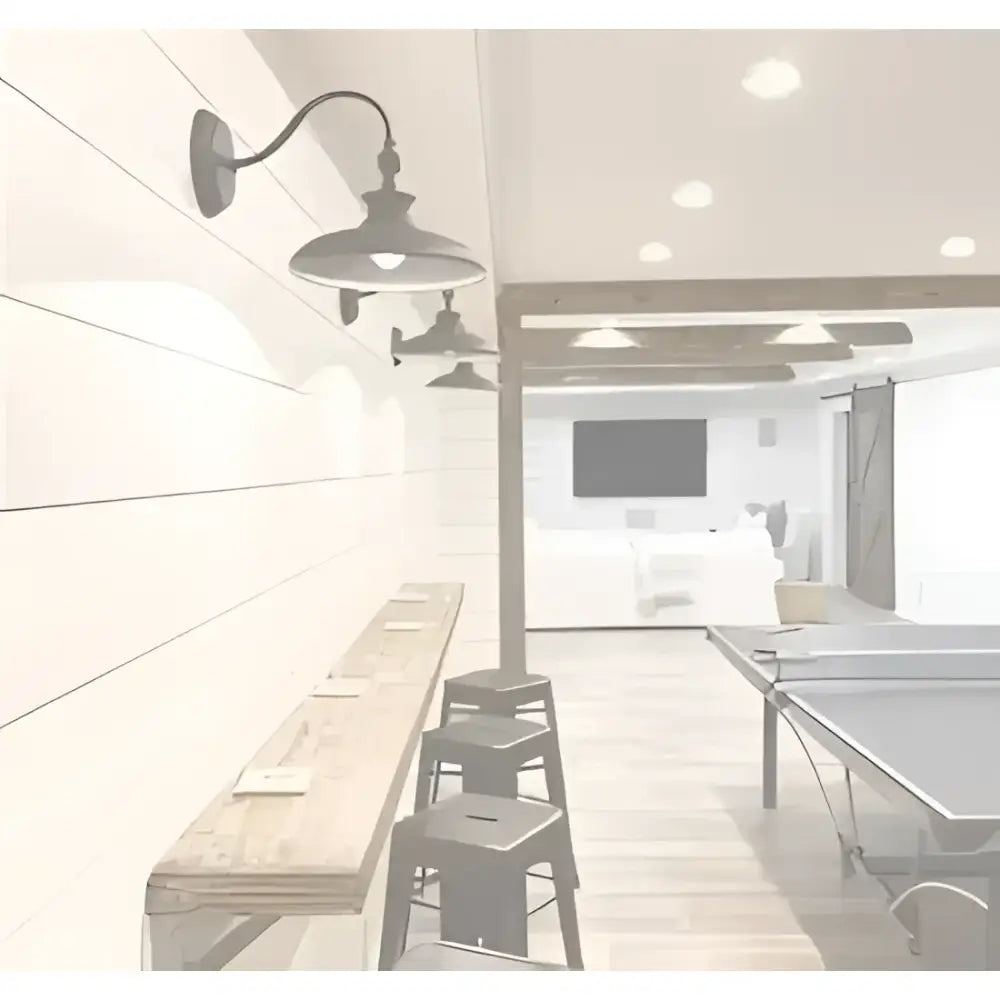 Industrial-style wall-mounted led flush mount light with curved metal arm and gray dome ceiling disk light shade