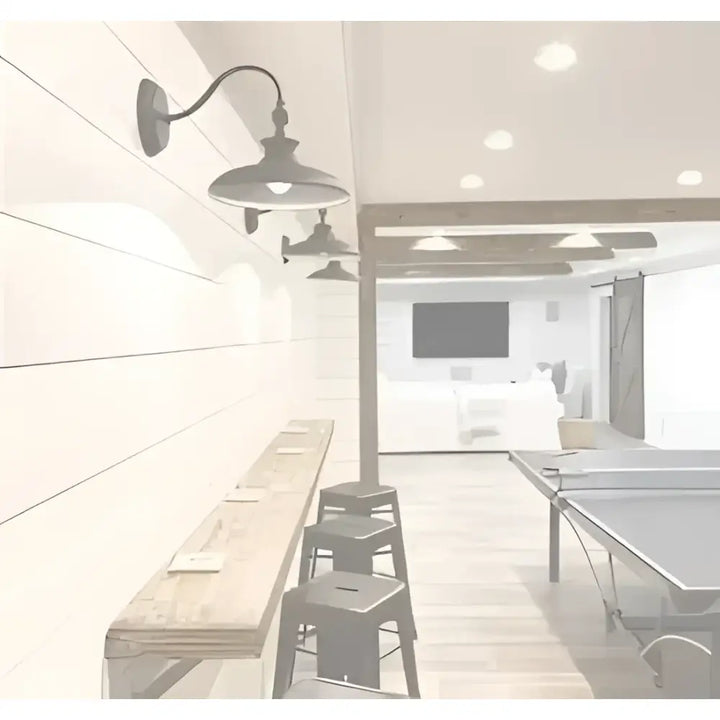 Industrial-style wall-mounted led flush mount light with curved metal arm and gray dome ceiling disk light shade