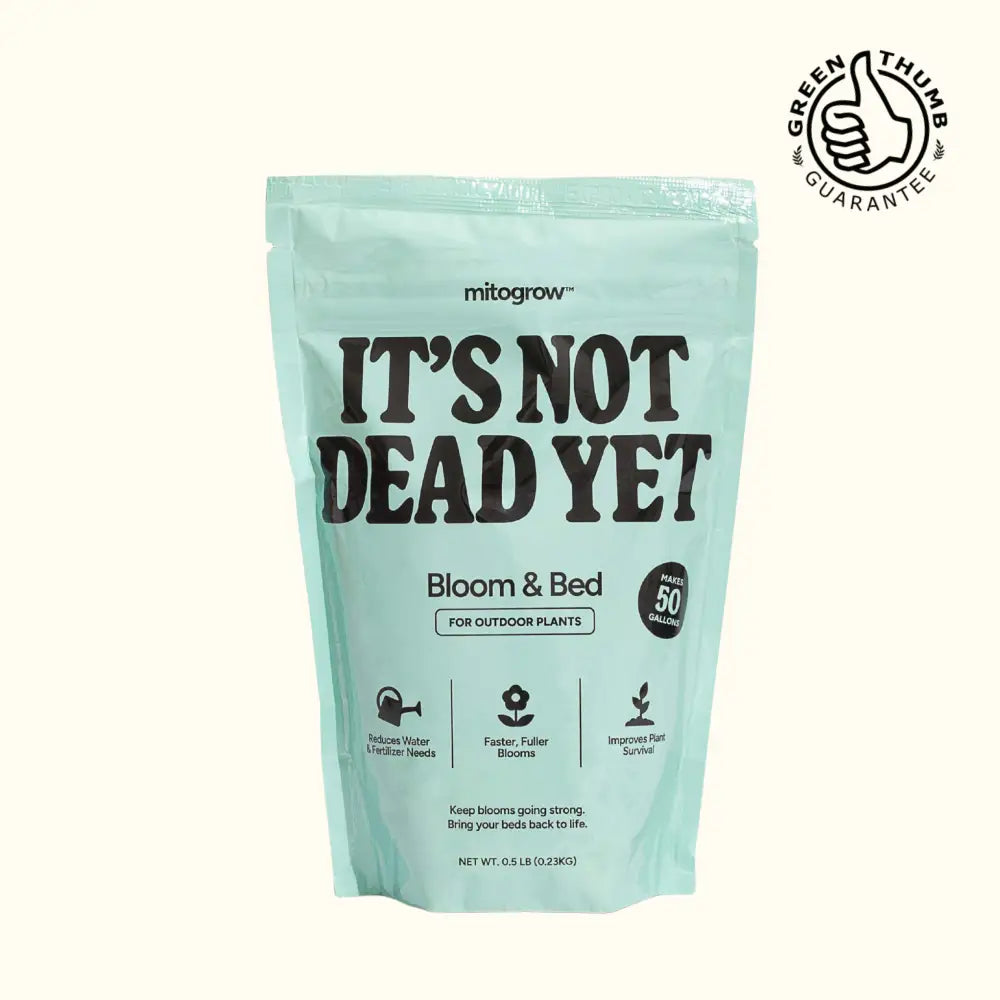 A light mint green resealable pouch of MitoGrow Bloom Bed plant biostimulant root booster for outdoor plants with green thumb guarantee seal