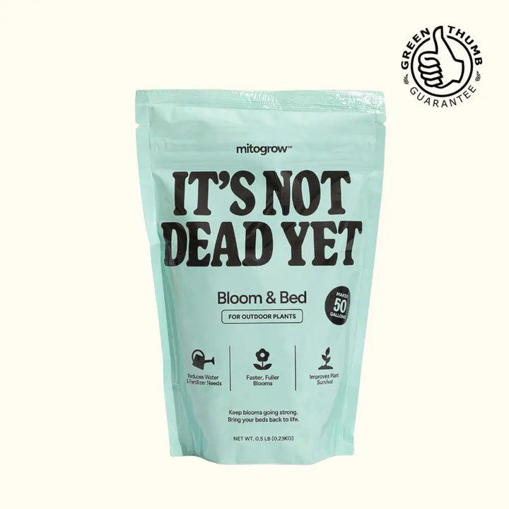A light mint green resealable pouch of MitoGrow Bloom Bed plant biostimulant root booster for outdoor plants with green thumb guarantee seal