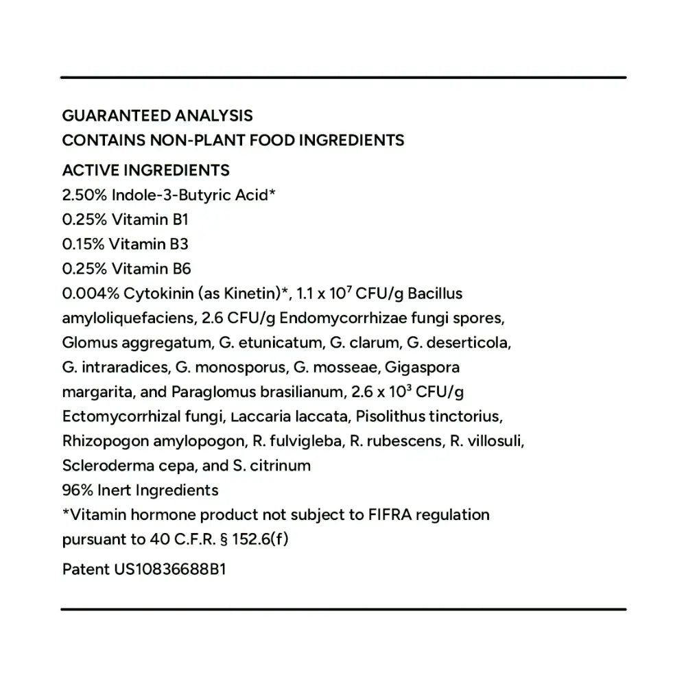 The back label of mitogrow garden bundle dietary supplement features a patented bio-stimulant complex for woody plants with indole-3-butyric acid and vitamins b1 b3 b6