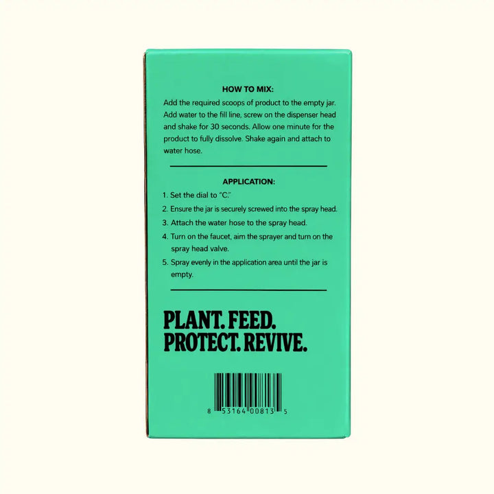 Back of teal mitogrow garden sprayer box with black text showing mixing and application instructions for bio-stimulant use