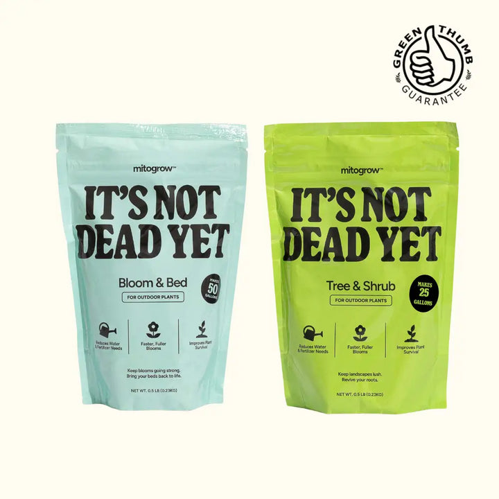 Two resealable pouches in blue and green of mitogrow outdoor bundle for complete outdoor plant empowerment