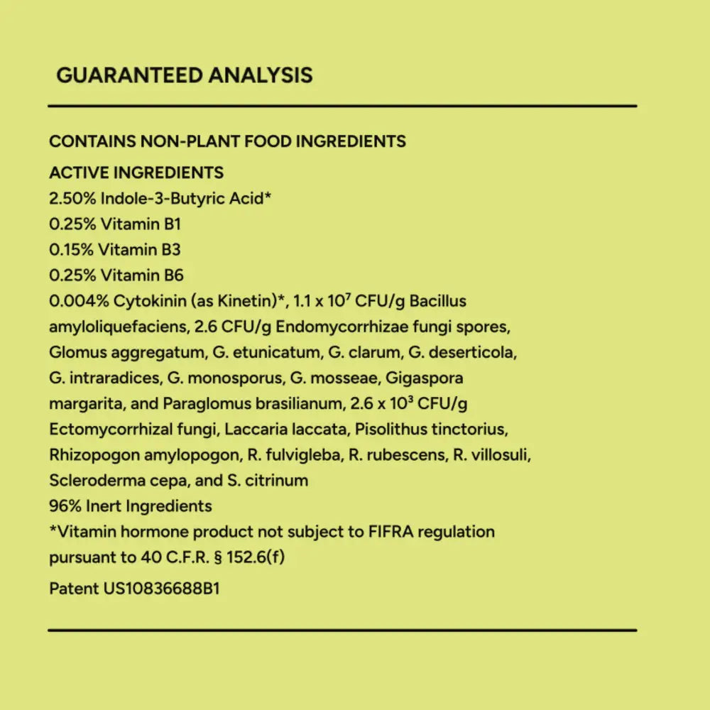 The back side of mitogrow pots label shows a bright lime green bio-stimulant complex guaranteed analysis for plant empowerment