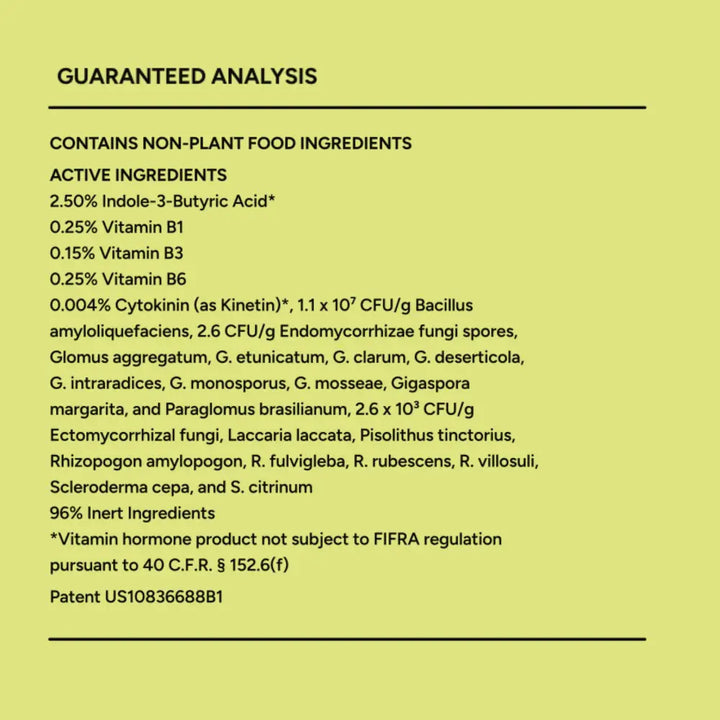 The back side of mitogrow pots label shows a bright lime green bio-stimulant complex guaranteed analysis for plant empowerment