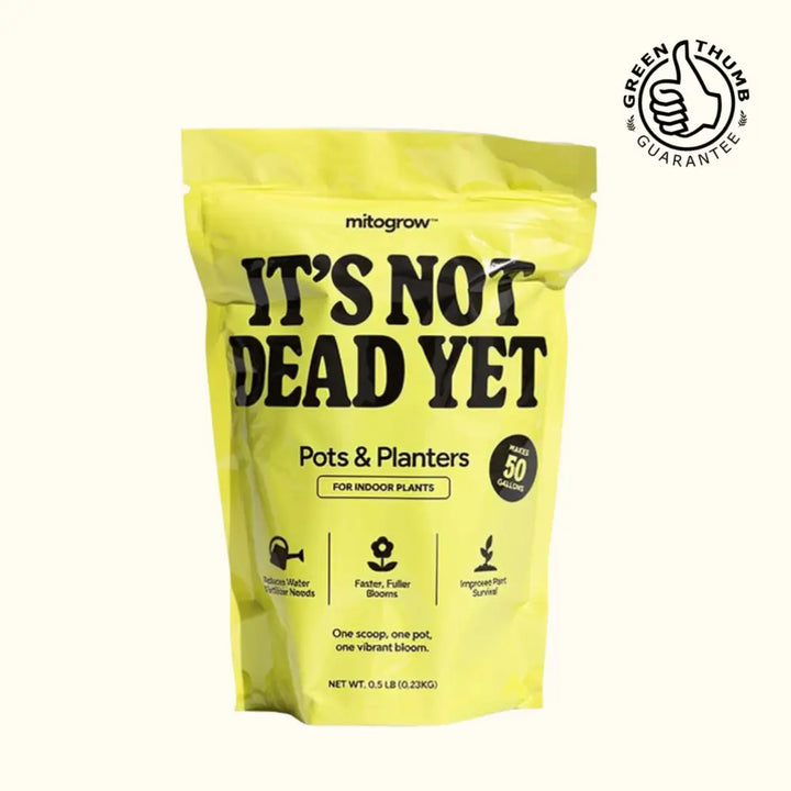 Bright yellow resealable bag of mitogrow pots plant fertilizer with bio-stimulant complex for comprehensive plant empowerment