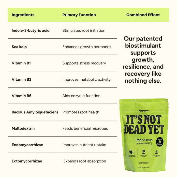 Bright green resealable pouch of mitogrow tree bio-stimulant complex for newly planted saplings and shrubs
