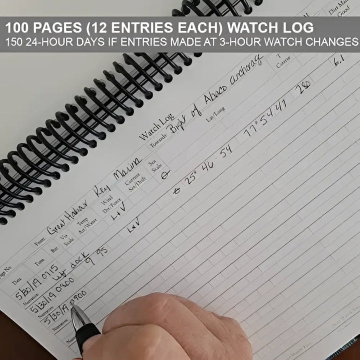 A black spiral-bound watch log notebook with handwritten ship’s log entries on lined pages for boat galleys use
