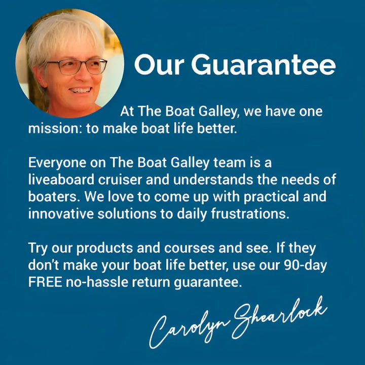 The boat galley’s guarantee on a deep blue background with a photo of carolyn shearlock and signature in navigation and watch log