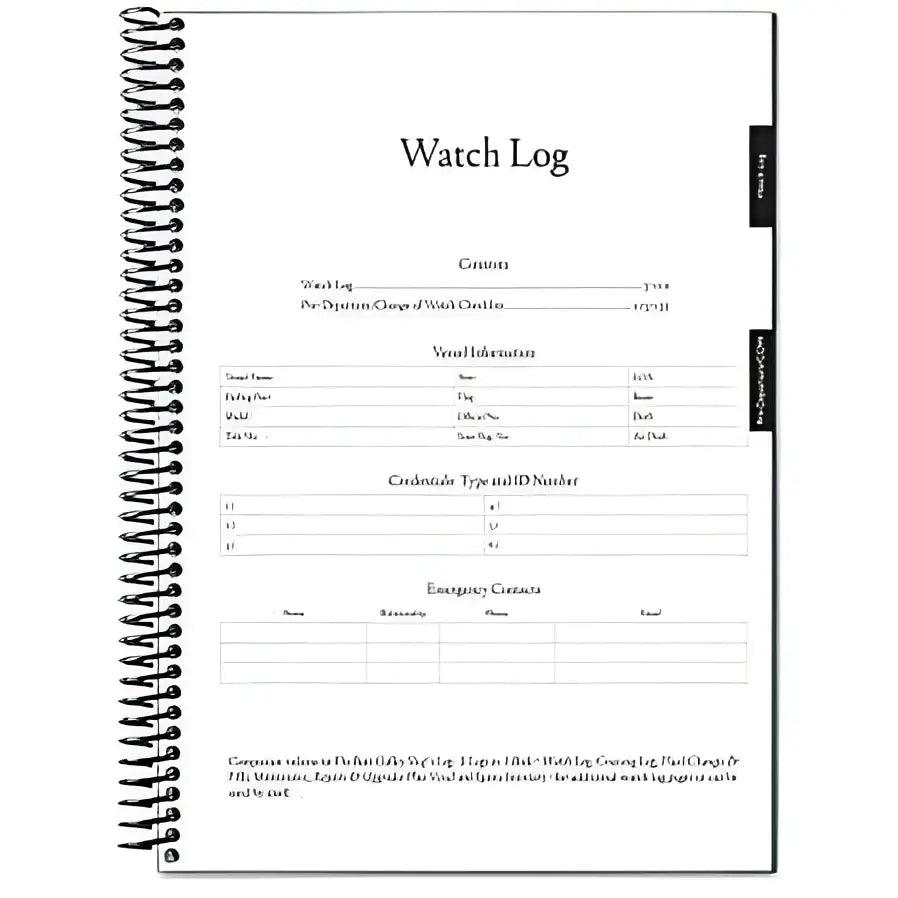 White spiral-bound navigation and watch log with black printed sections and tabs for ship’s log and boat galley’s use