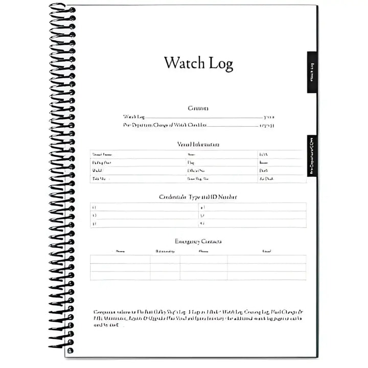 White spiral-bound navigation and watch log with black printed sections and tabs for ship’s log and boat galley’s use