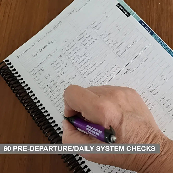 A hand holding a purple pen with black grip poised over a watch log spiral-bound navigator planner with handwritten notes