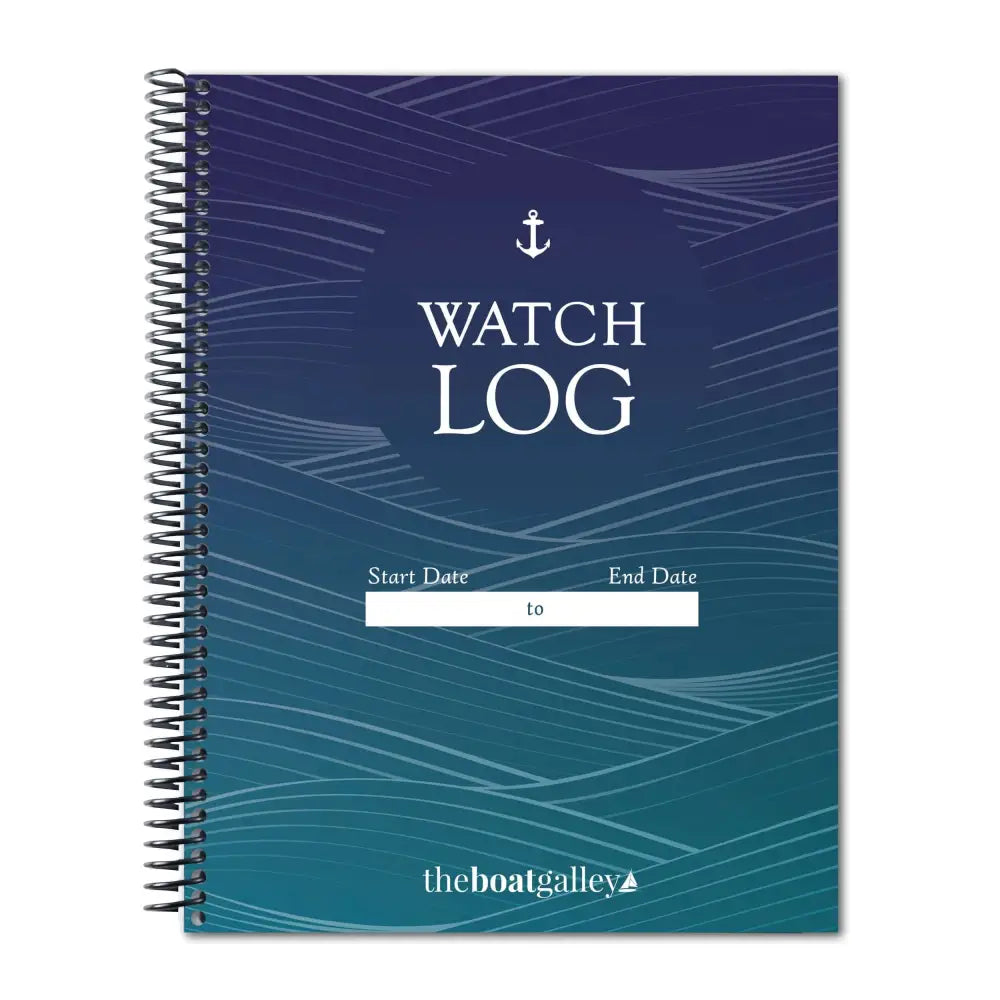 Navy blue spiral-bound watch log with white anchor and wave design branded theboatgalley for ship’s log use