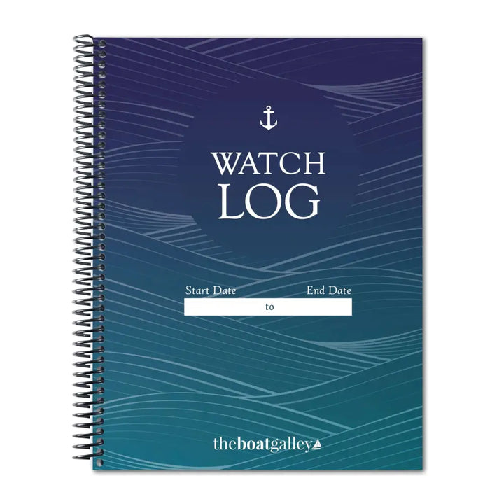 Navy blue spiral-bound watch log with white anchor and wave design branded theboatgalley for ship’s log use