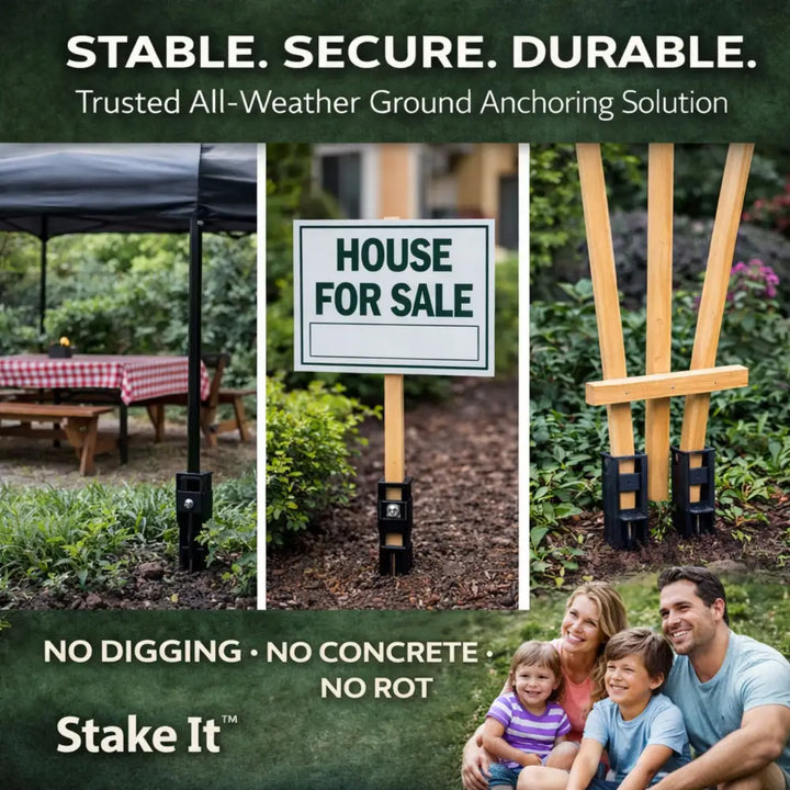 Black plastic no-dig garden trellis anchors with sturdy square base and central screw for wood stake ground stabilizers