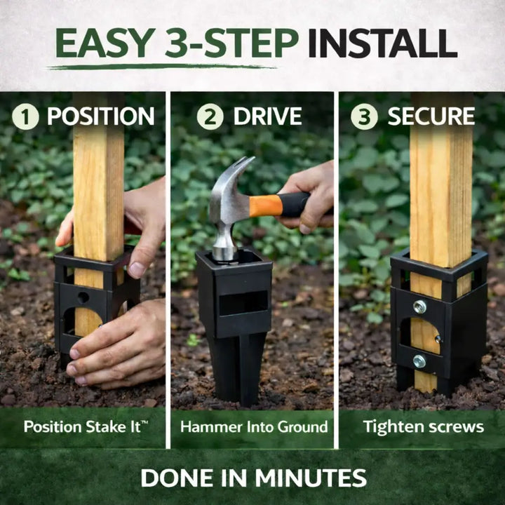 Black plastic no-dig garden trellis anchors with wood stake ground stabilizers for heavy duty landscape use