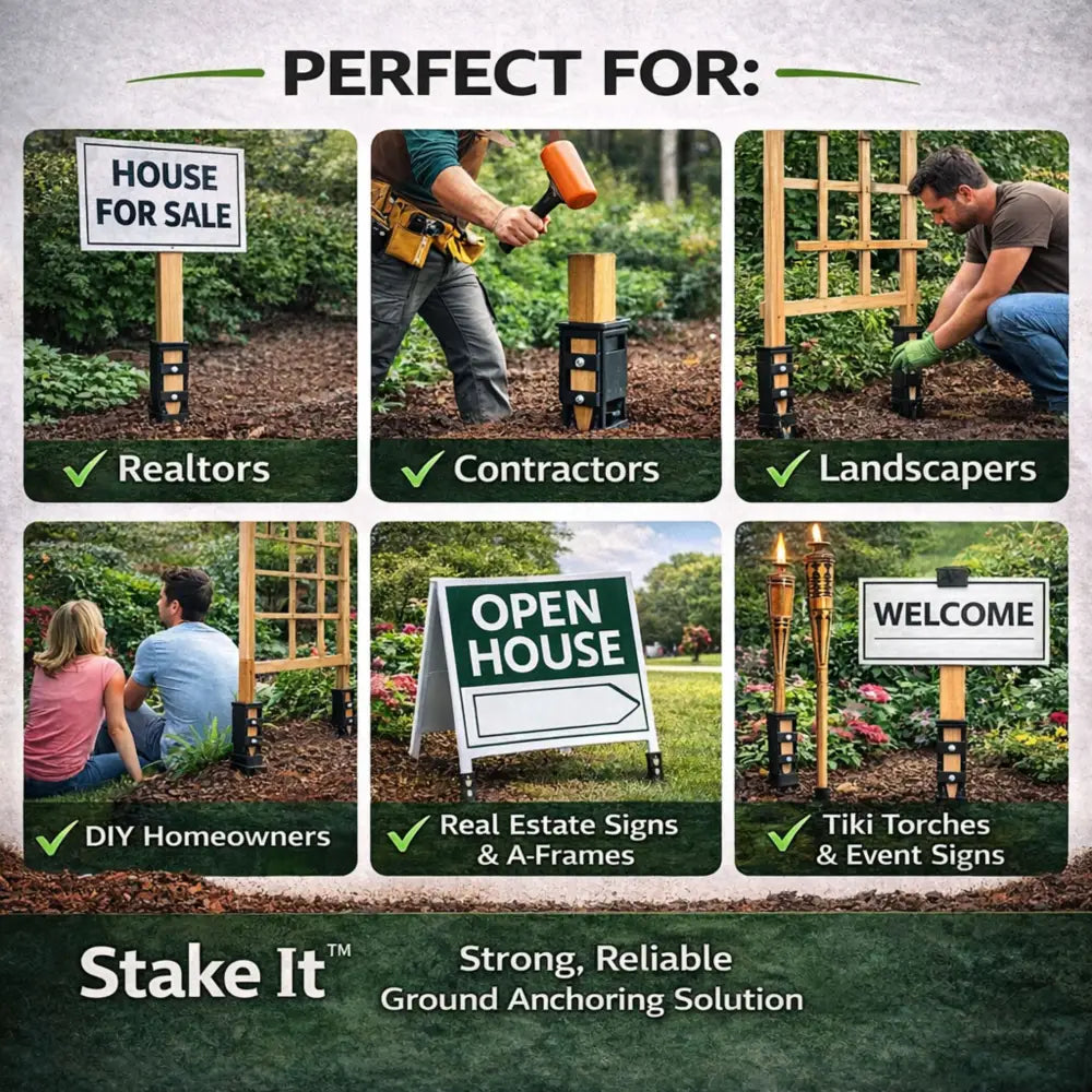 Black metal no-dig garden trellis anchors and wood stake ground stabilizers with heavy duty landscape anchor design