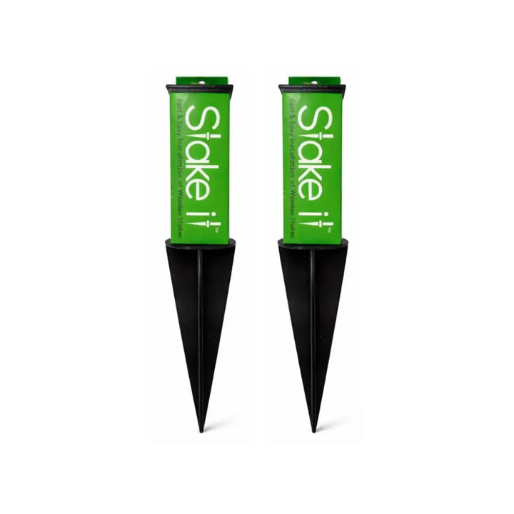 Two black plastic no-dig garden trellis anchors with green labels for easy installation of wood stake ground stabilizers