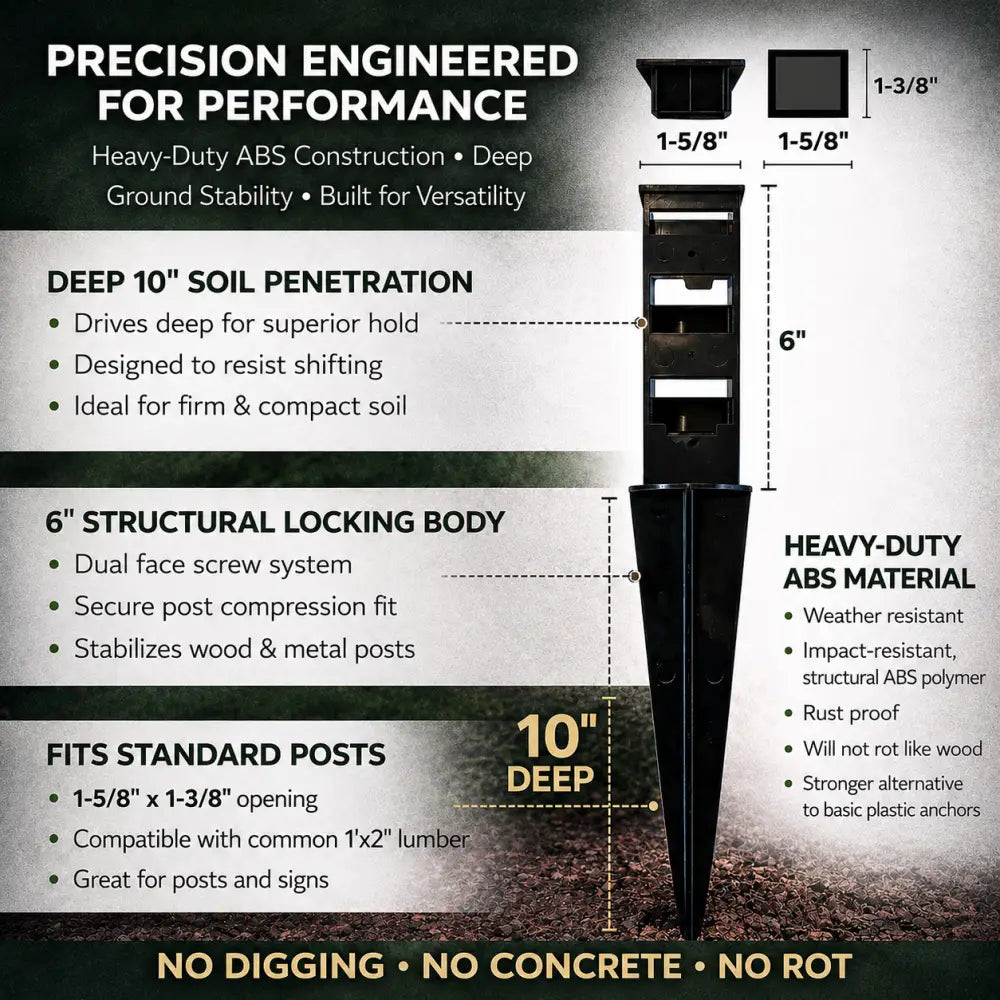Black heavy duty abs plastic no-dig garden trellis anchors with 6-inch locking body and 10-inch soil penetration depth