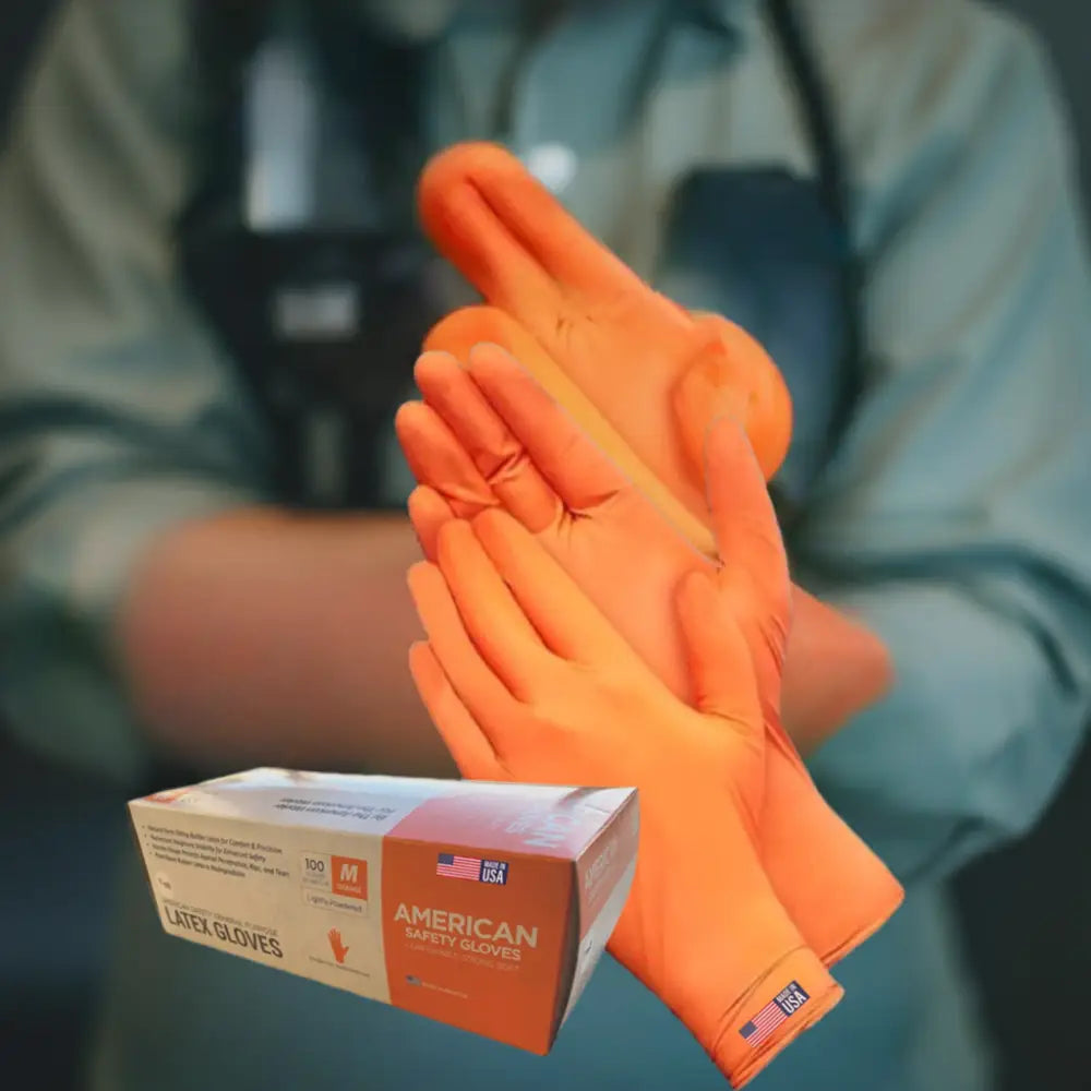 Bright orange natural rubber disposable latex low protein safety gloves with reinforced fingertips in american safety gloves box