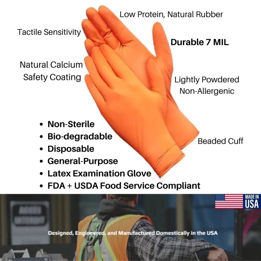 Bright orange natural rubber disposable latex low protein safety gloves with 7 mil thickness and beaded cuff for durability