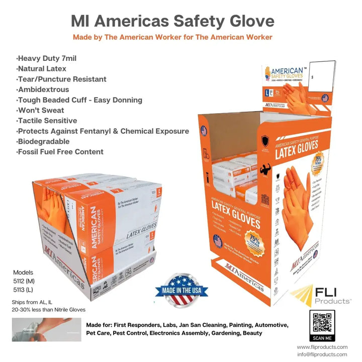 Orange natural rubber disposable latex low protein safety gloves displayed in box for american safety use