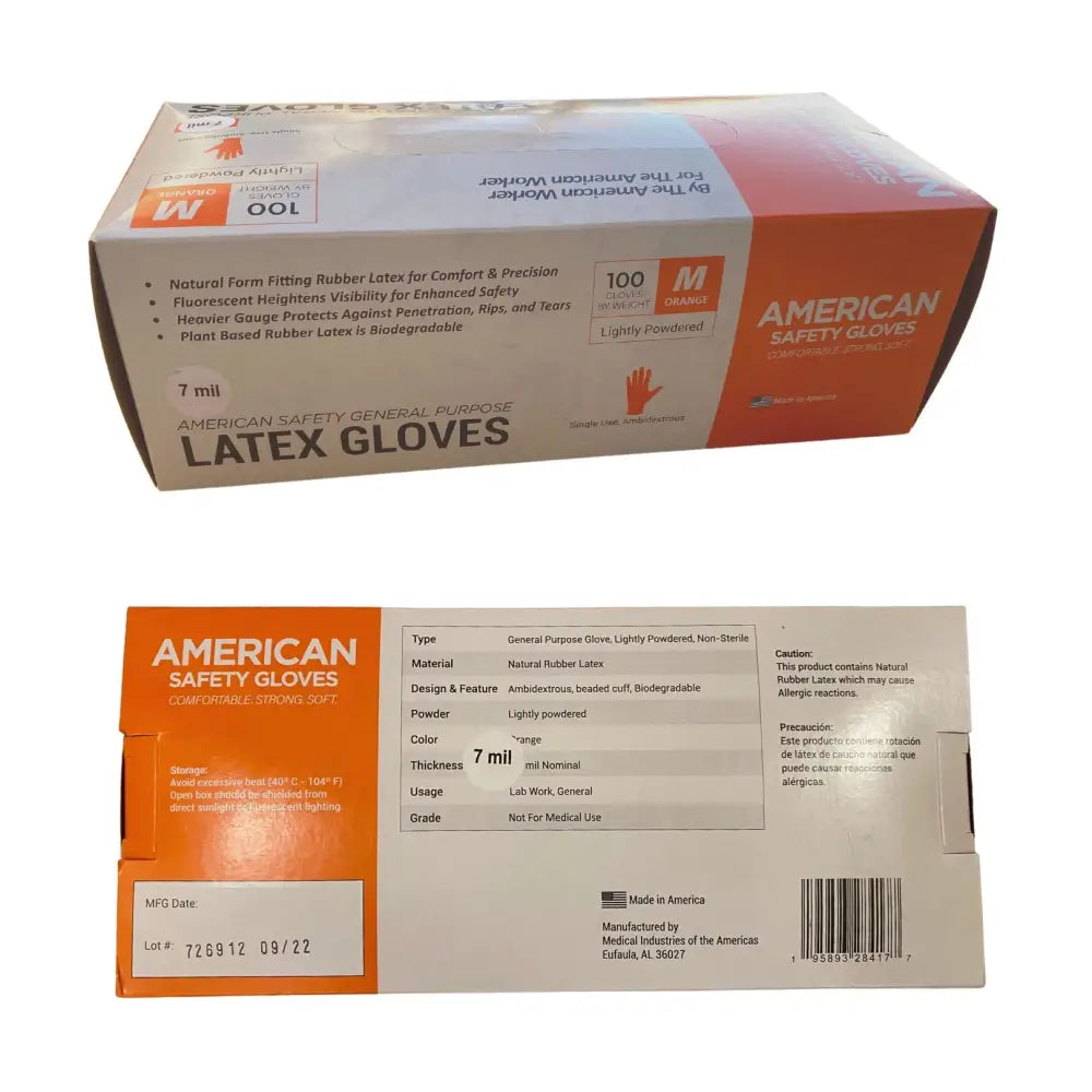 Orange and white box of natural rubber disposable latex low protein safety gloves american with beaded cuff